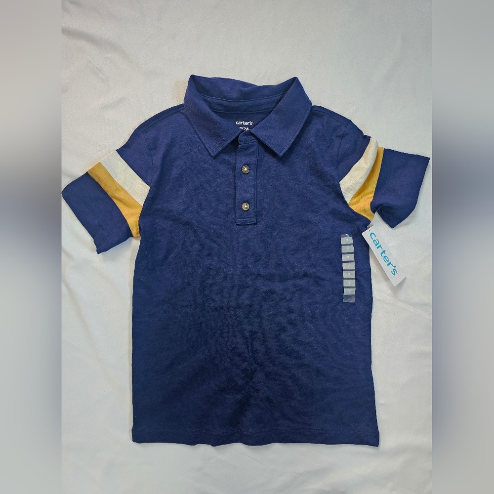 Carter's Navy Polo with Yellow and White Stripes- Size 7 - Picture 2 of 6